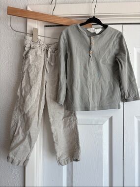 H&M Kids Natural Fibers 100% Cotton Blue Green Henley Top + Relaxed Linen Pants